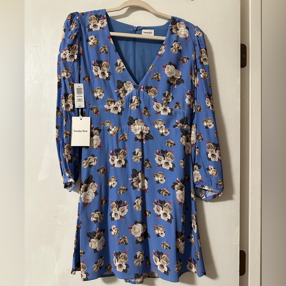 Aritzia Periwinkle Blue Floral V-Neck Long Sleeve Dress